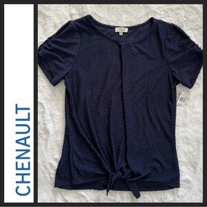 NWT Chenault Tie Waist Clip Dot Navy Short Sleeve Top